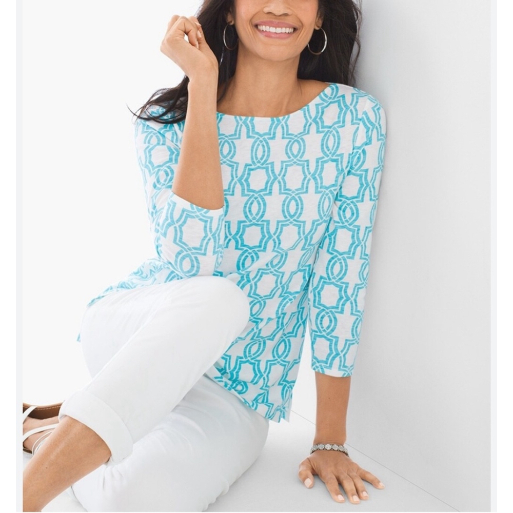 Chico's Blue and White Geometric Blouse